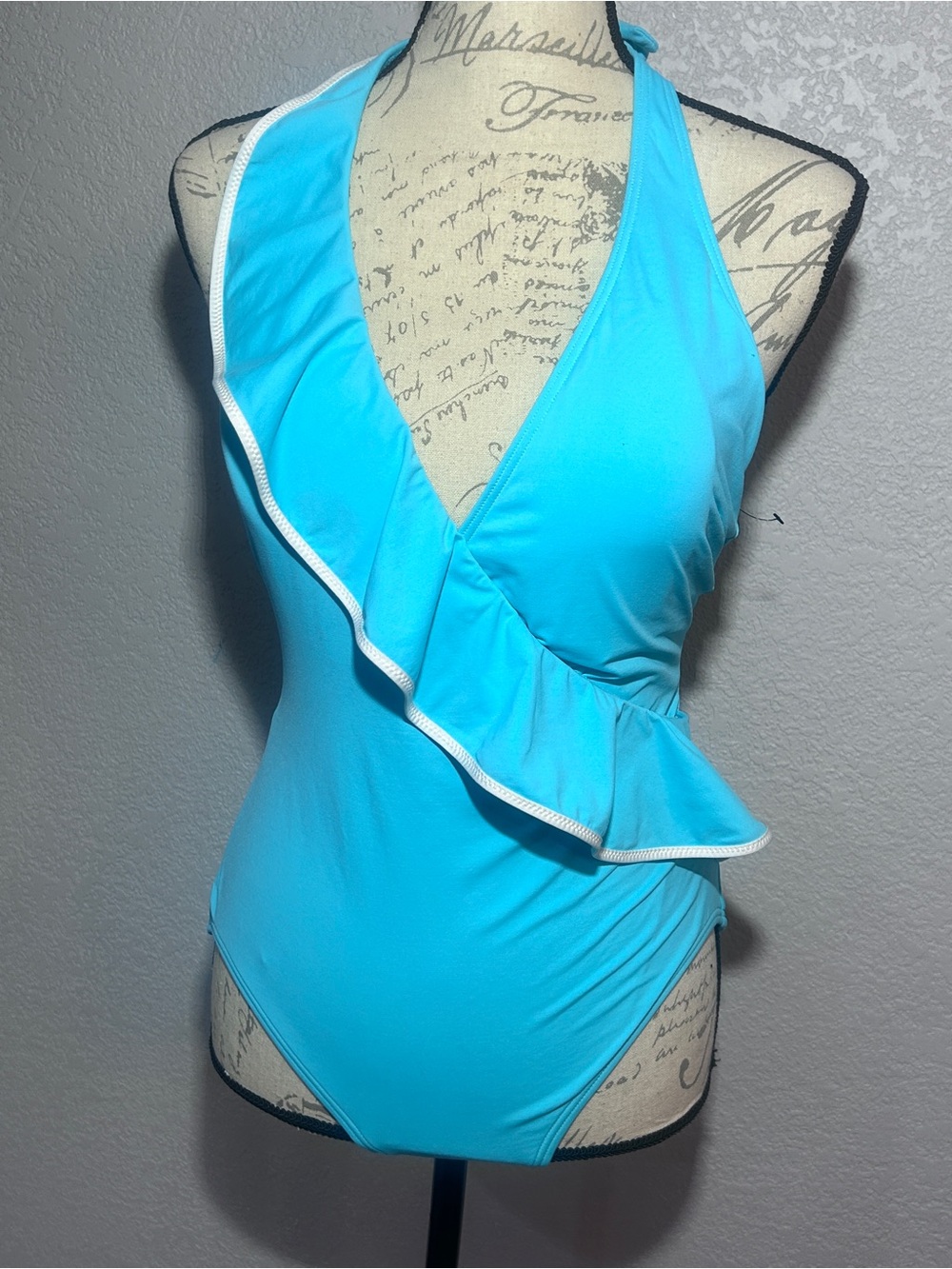 ✨ Carmen Marc Valvo One‑Piece Swimsuit — Size 14 Light Blue Ruffle Wrap Halter ✨